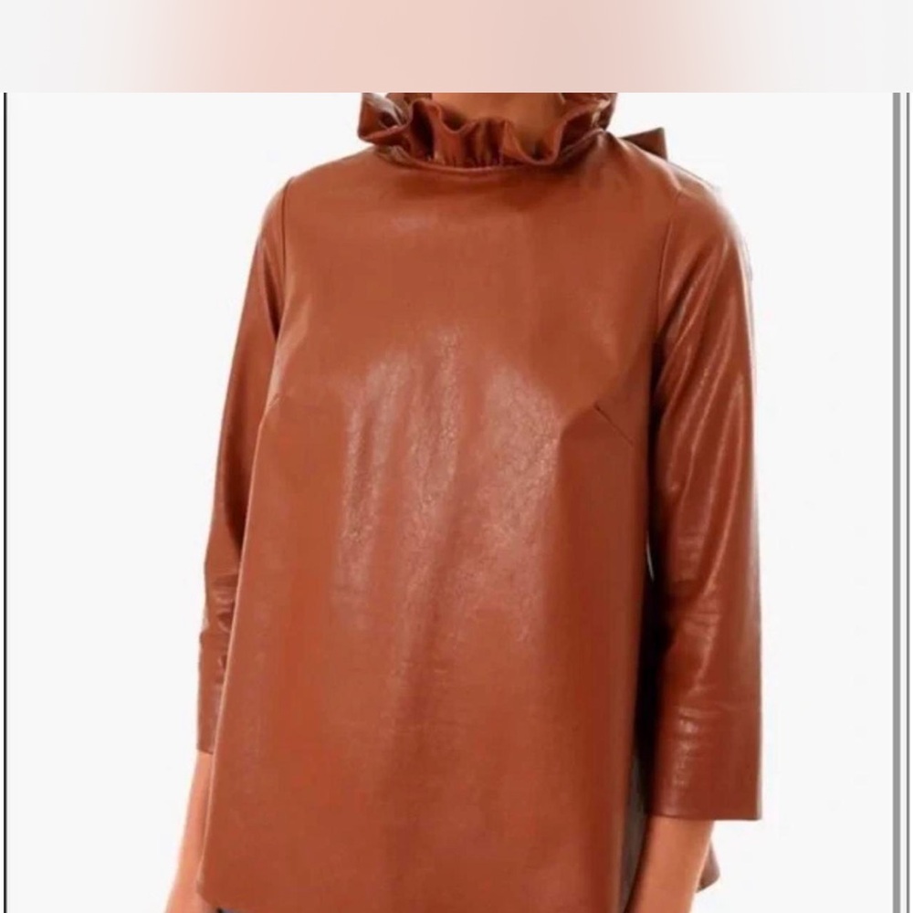 Brown Faux Leather Ruffle Neck Top S